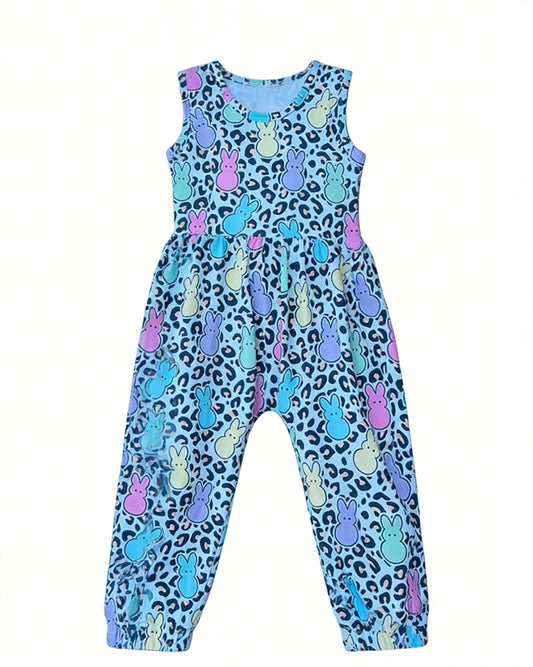 preorder SR3811 Easter Bunny Rabbit Blue Leopard Sleeveless Girls Romper