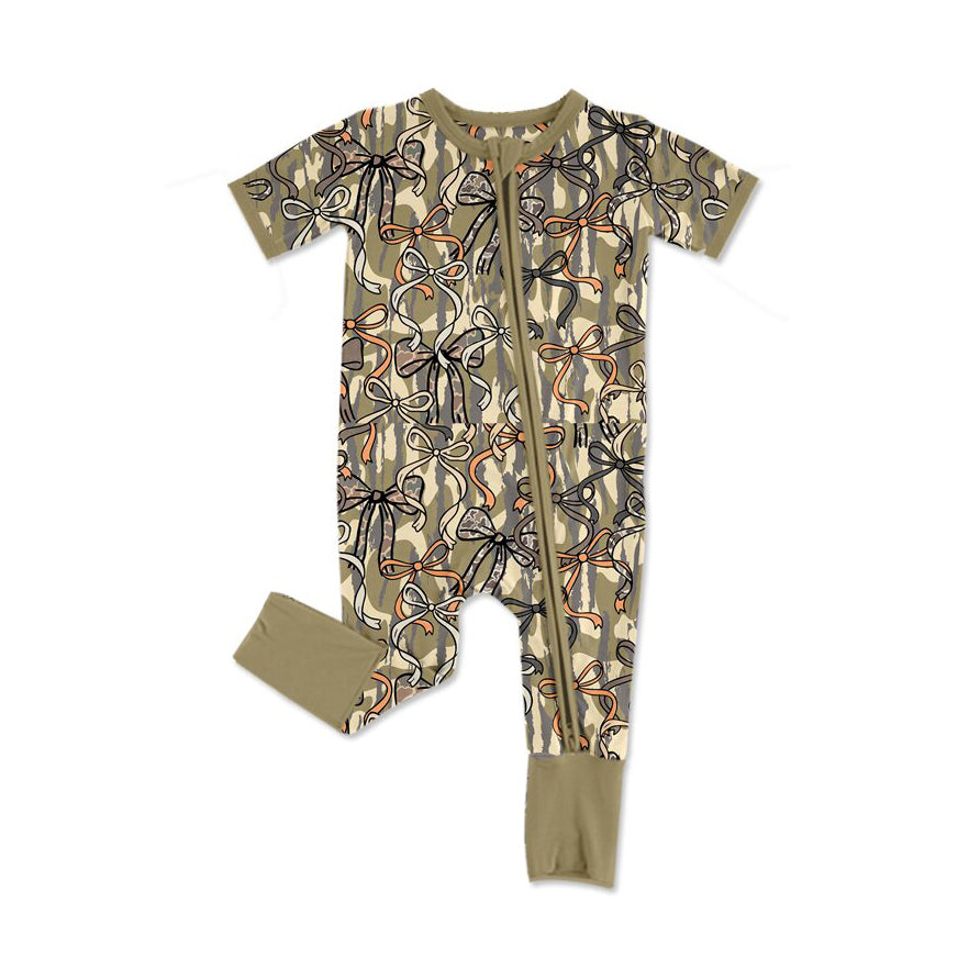 preorder SR3814 Hunting Camo Bows Short Sleeve Zipper Girls Romper