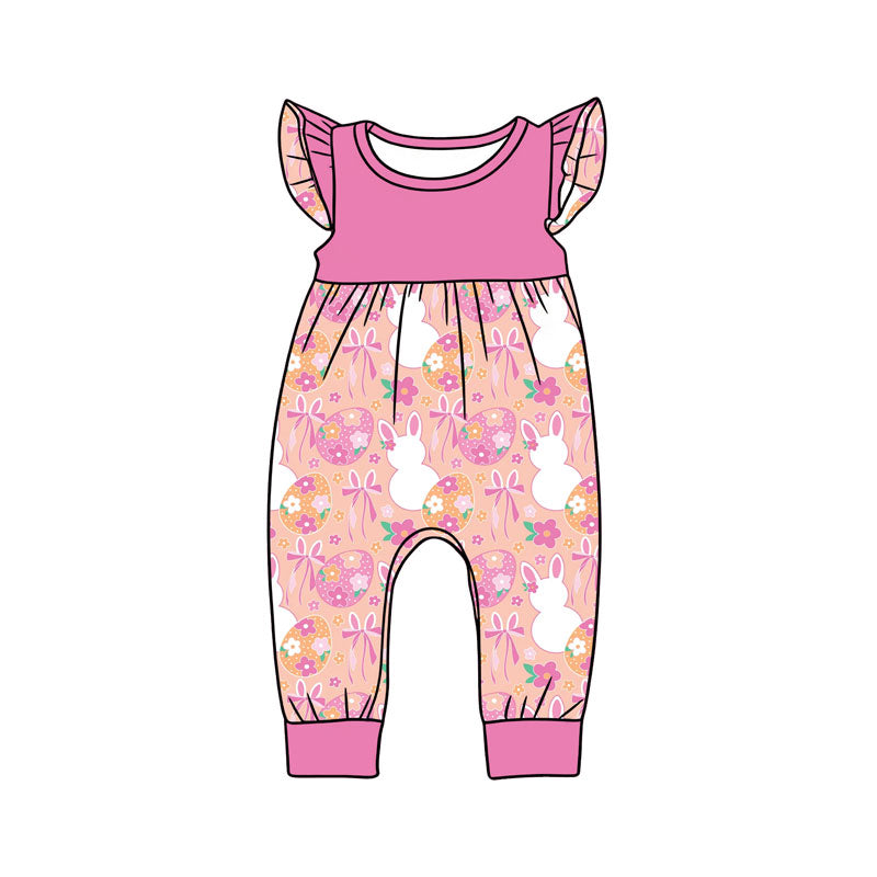 preorder SR3819 Easter Rabbit Bunny Flowers Pink Flutter Sleeve Girls Romper