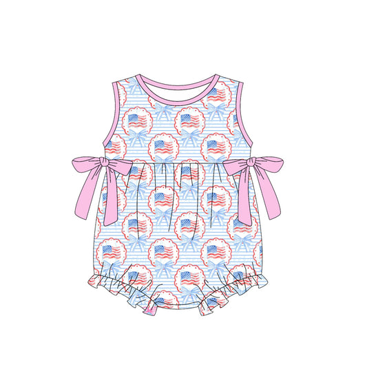 preorder SR3820 July 4th Bows Flag Sleevless Girls Romper