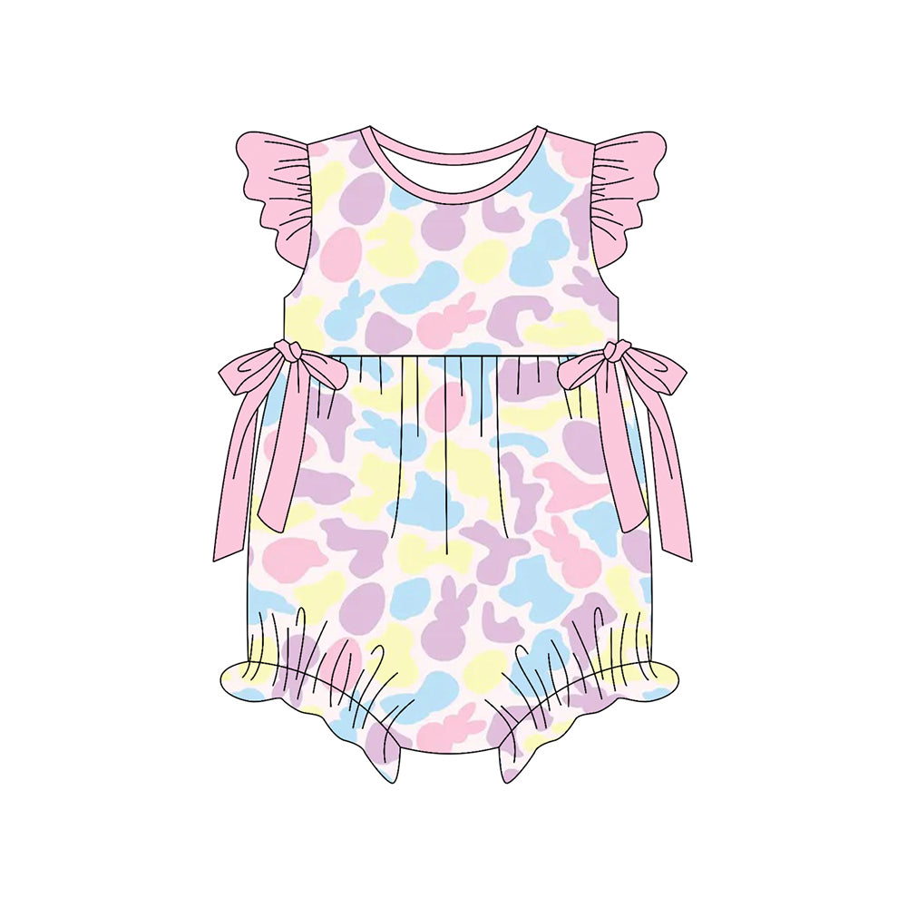 preorder SR3830 Easter Rabbit Camo Pink Flutter Sleeve Girls Romper