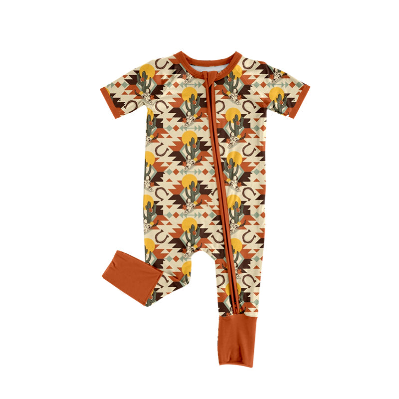 preorder SR3849 Western Aztec Cow Brown Zipper Short Sleeve Boys Romper