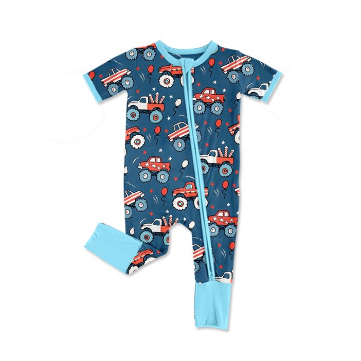 preorder SR3850 July 4th Car Balloon Blue Zipper Short Sleeve Boys Romper