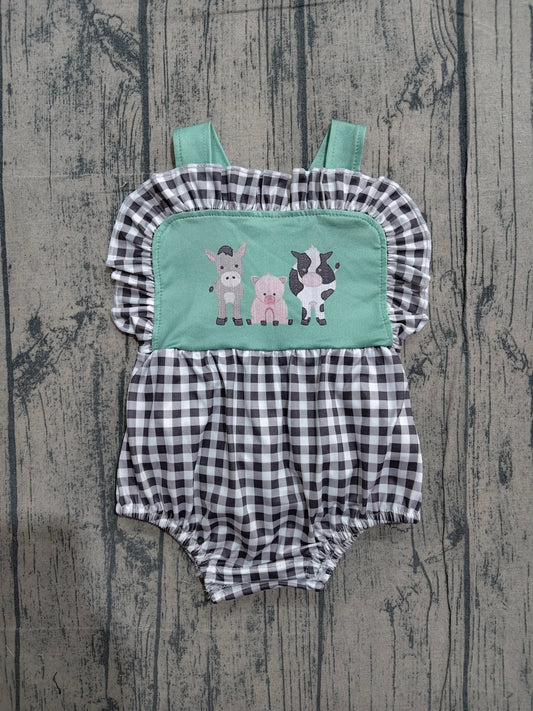 preorder Samples SR3866 Farm Horse Pig Cow Green Checkered Girls Romper