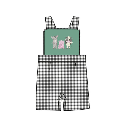 preorder SR3867 Farm Horse Pig Cow Green Checkered Boys Romper