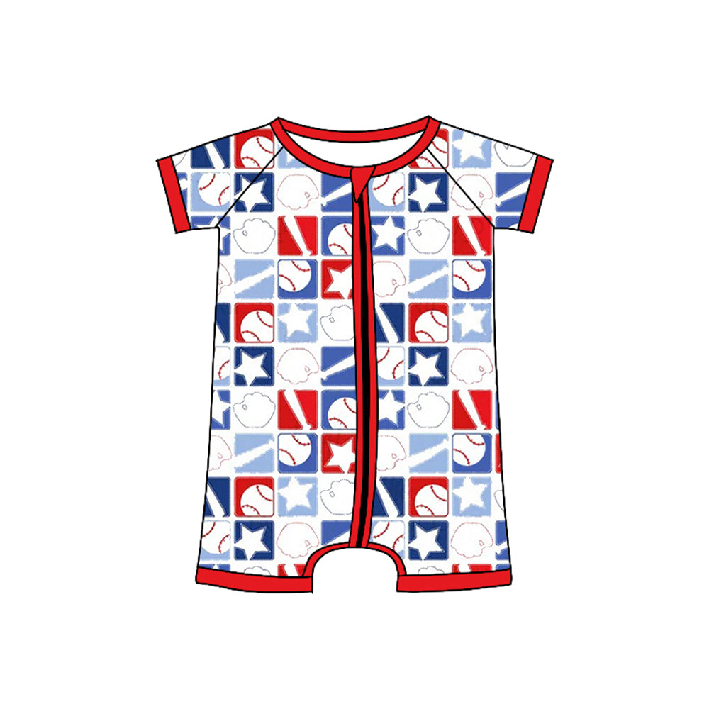 preorder SR3872 July 4th Baseball Zipper Short Sleeve Boys Romper