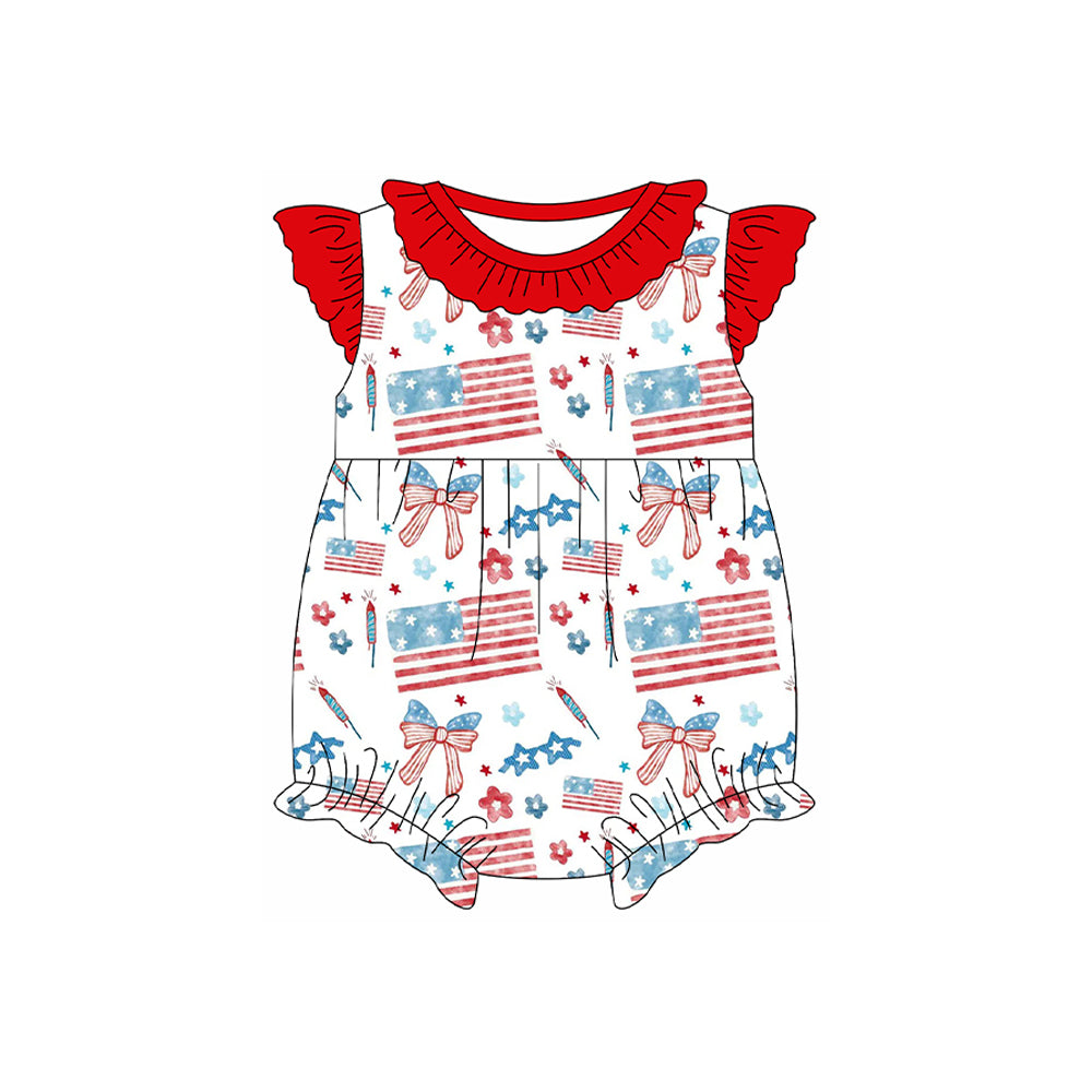 preorder SR3873 July 4th Flag Bows Flutter Sleeve Girls Romper