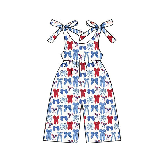 preorder SR3876 July 4th Red Blue Bows Girls Jumpsuits