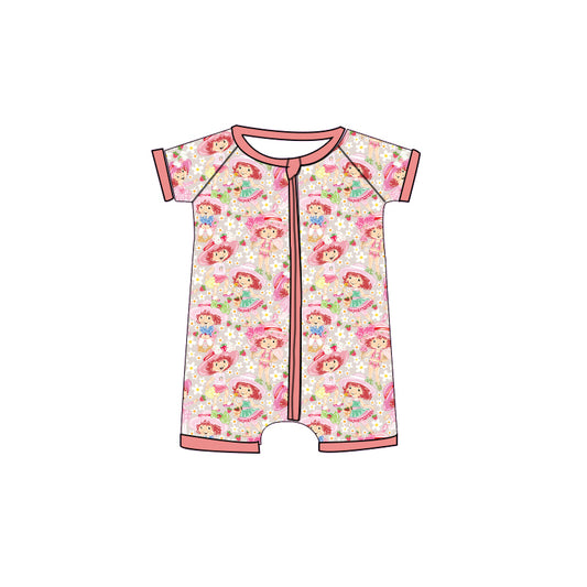preorder SR3878 Strawberry Flowers Pink  Short Sleeve Zipper Girls Romper
