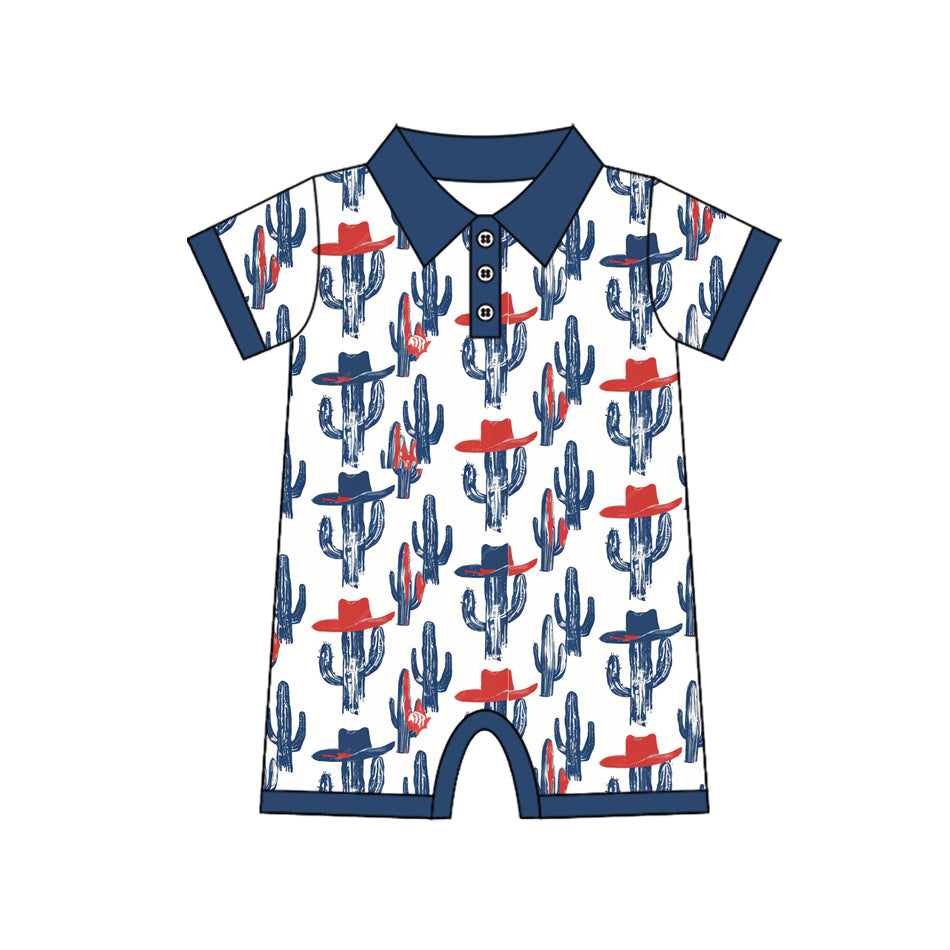 preorder SR3881 July 4th Western Cactus Hat Short Sleeve Zipper Boys Romper