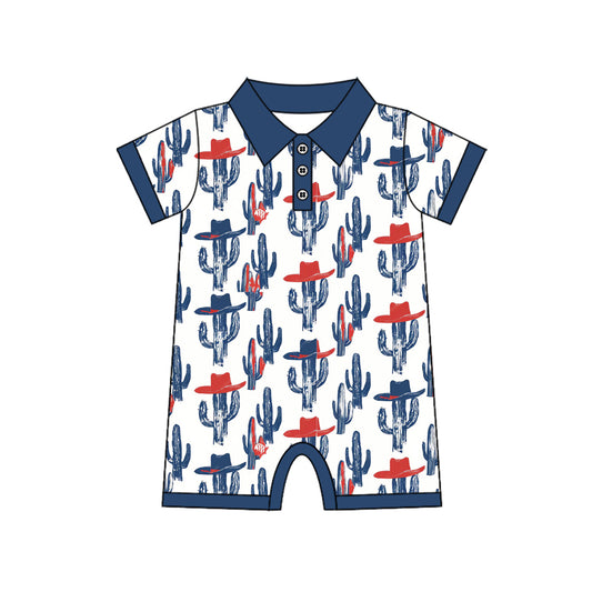 preorder SR3881 July 4th Western Cactus Hat Short Sleeve Zipper Boys Romper