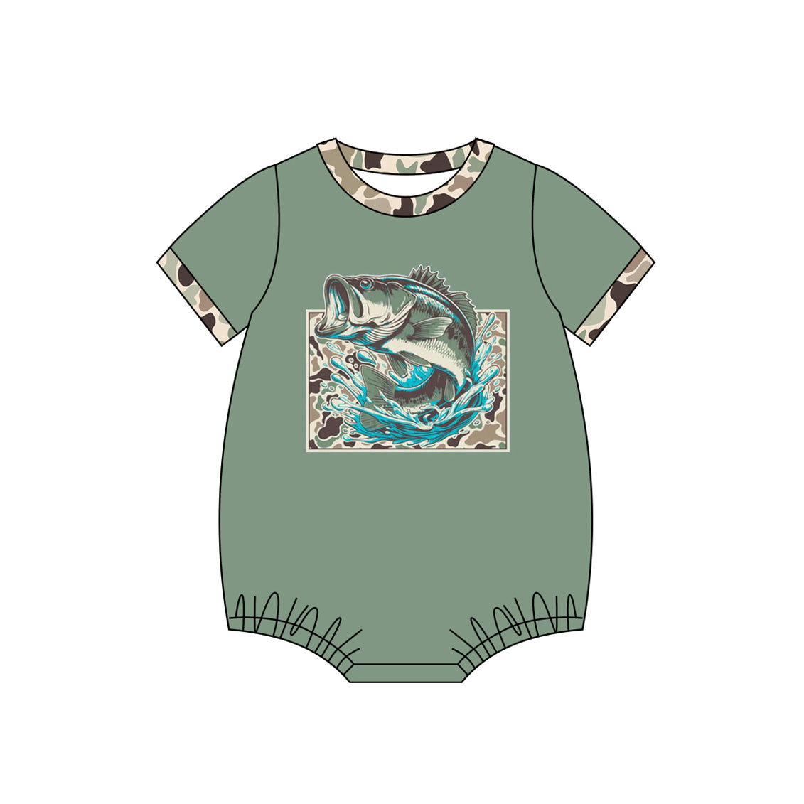 preorder SR3900 Fishing Camo Green Short Sleeve Boys Romper