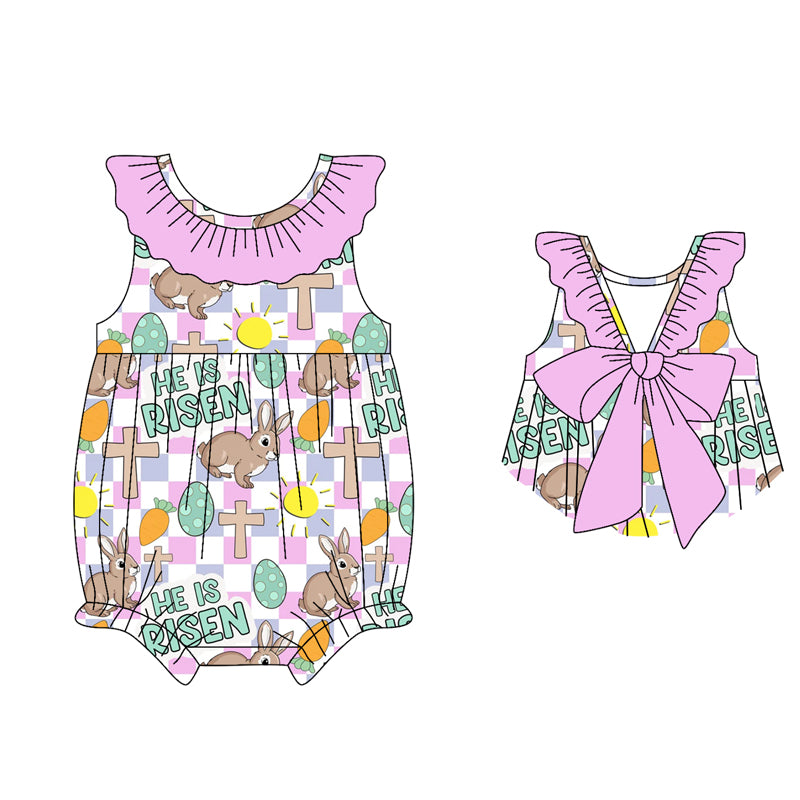preorder SR3929 Easter Rabbit Cross He Is Risen Girls Romper