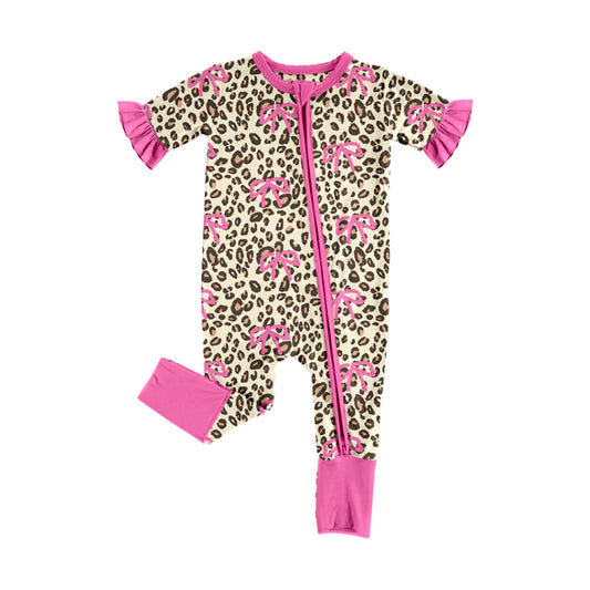 preorder SR3932 Hot Pink Bows Leopard Zipper Short Sleeve Girls Romper