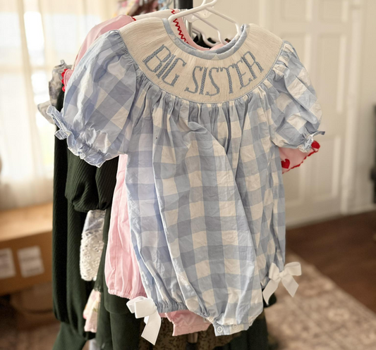 preorder SR3934 Big Sister Blue Checekred Short Sleeve Girls Romper