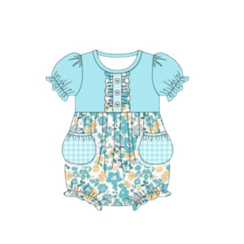 preorder SR3936 Blue Flowers Pockets Short Sleeve Girls Romper