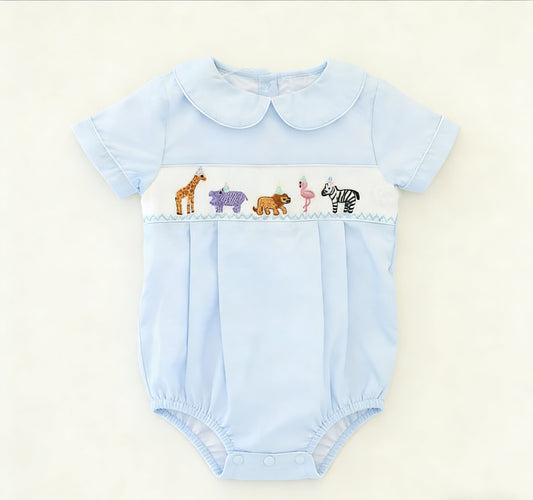 preorder SR3952 Animals Elephane Zebra Blue Short Sleeve Boys Romper