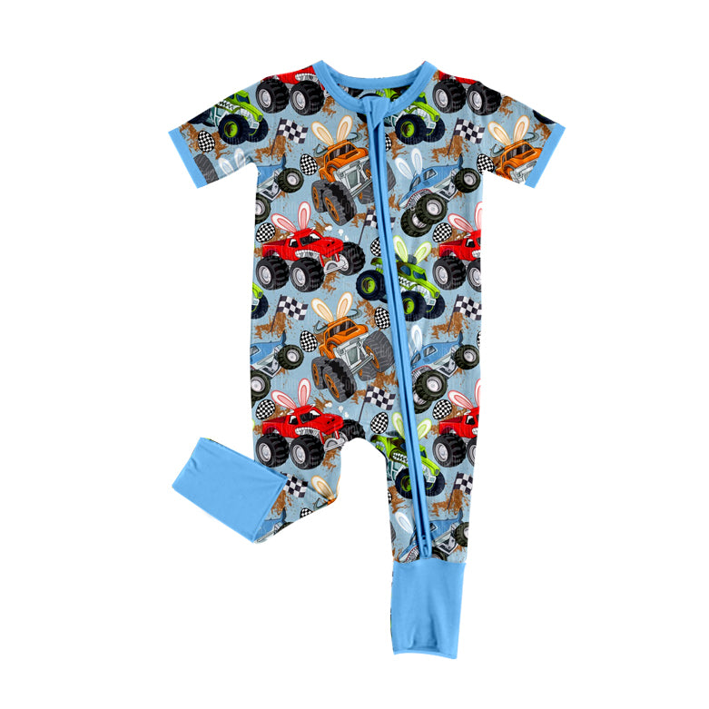 preorder SR3953 Easter Car Blue Zipper Short Sleeve Boys Romper