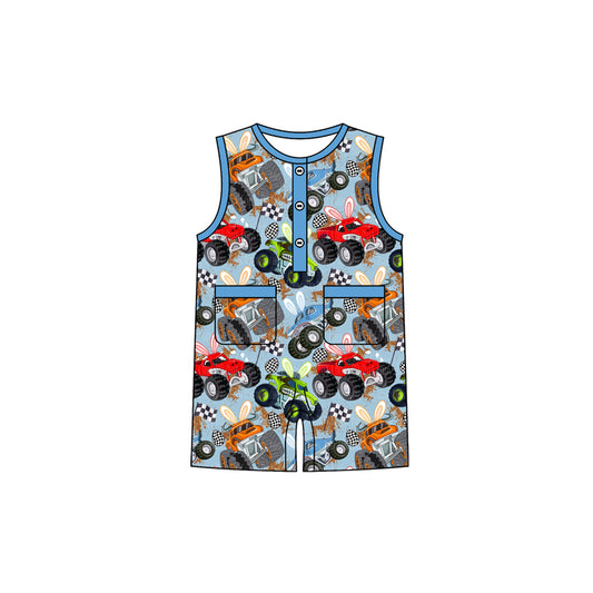 preorder SR3954 Easter Car Blue Sleeveless Boys Romper