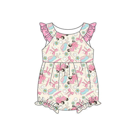 preorder SR3956 Golf Car Bows Pink Flutter Sleeve Girls Romper