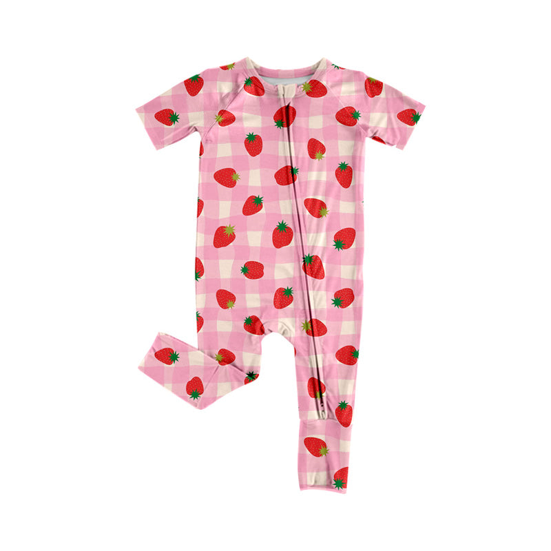 preorder SR3963 Strawberry Pink Checkered Zipper Short Sleeve Girls Romper
