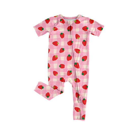 preorder SR3963 Strawberry Pink Checkered Zipper Short Sleeve Girls Romper