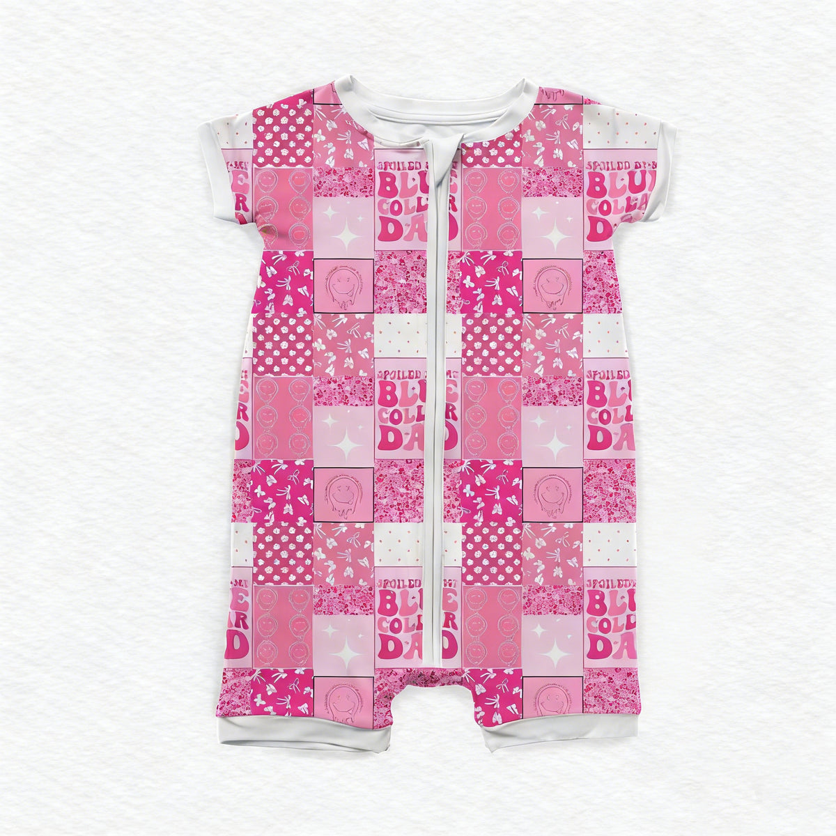preorder SR3964 Smile Flowers Hot Pink Zipper Short Sleeve Girls Romper