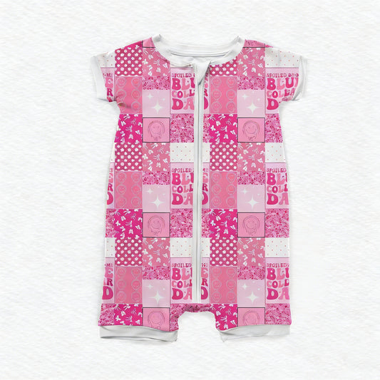 preorder SR3964 Smile Flowers Hot Pink Zipper Short Sleeve Girls Romper