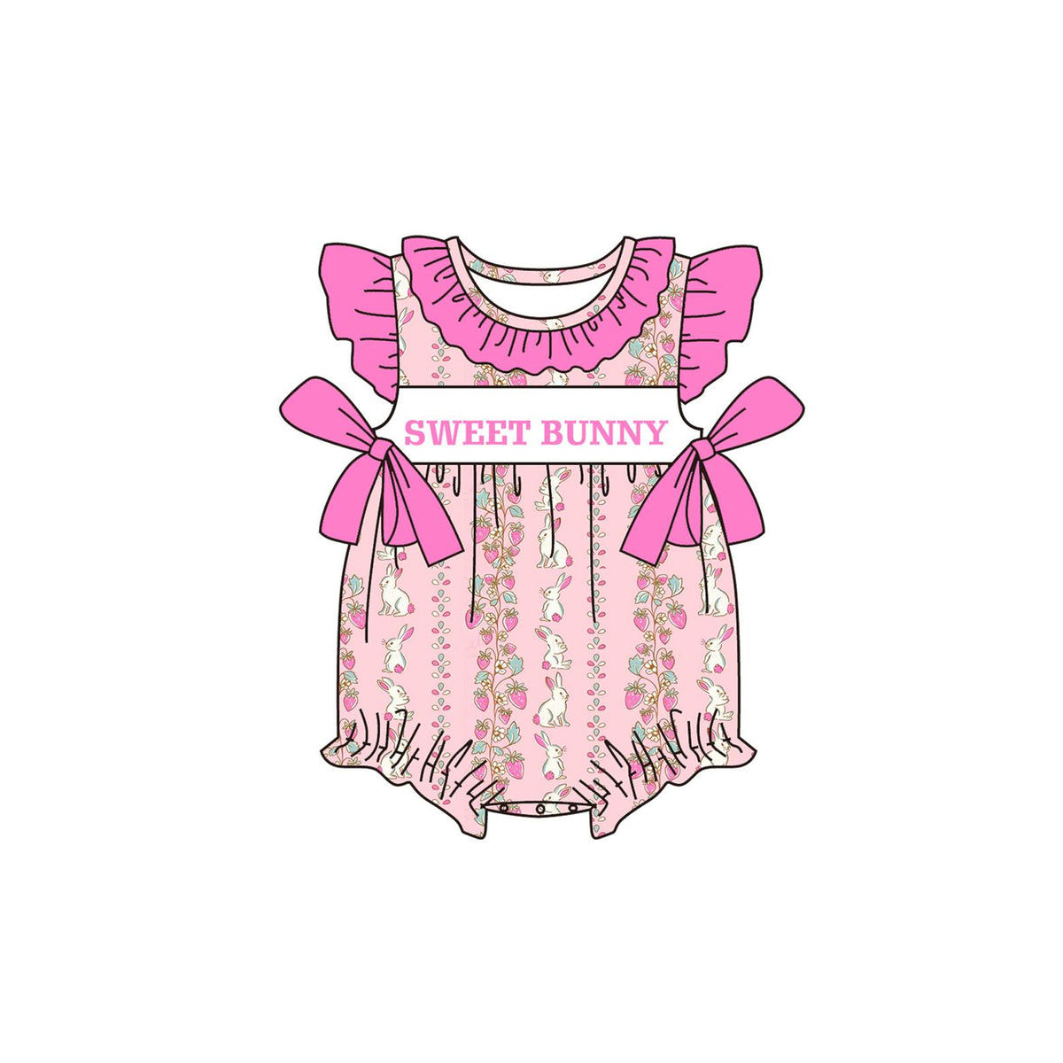 preorder SR3969 Easter Sweet Bunny Hot Pink Flutter Sleeve Girls Romper
