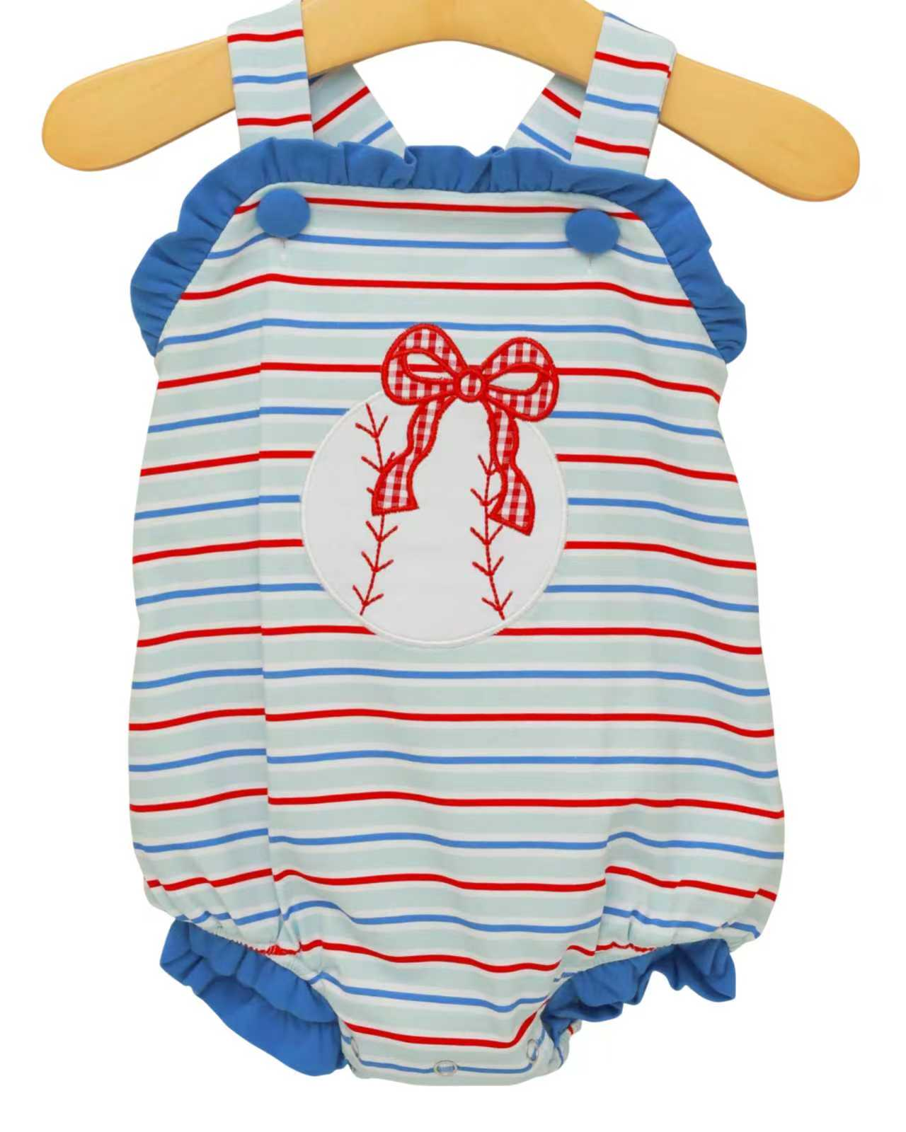 preorder SR3978 Baseball Bows Blue Girls Romper