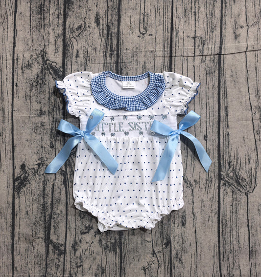 preorder Samples SR3981 Little Sister Blue Dot Short Sleeve Girls Romper