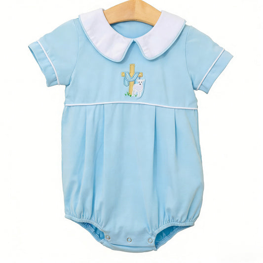 preorder SR4000 Easter Cross Sheep Blue Short Sleeve Girls Romper