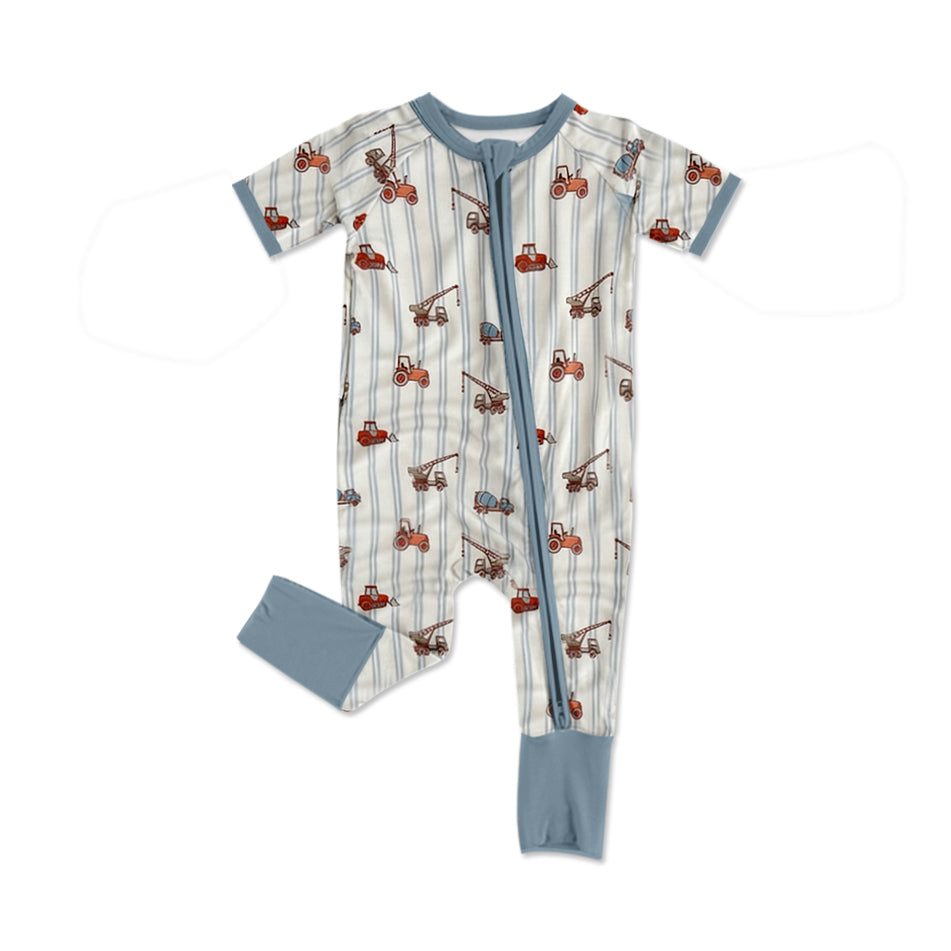 preorder SR4002 Construction Truck Blue Zipper Short Sleeve Boys Romper