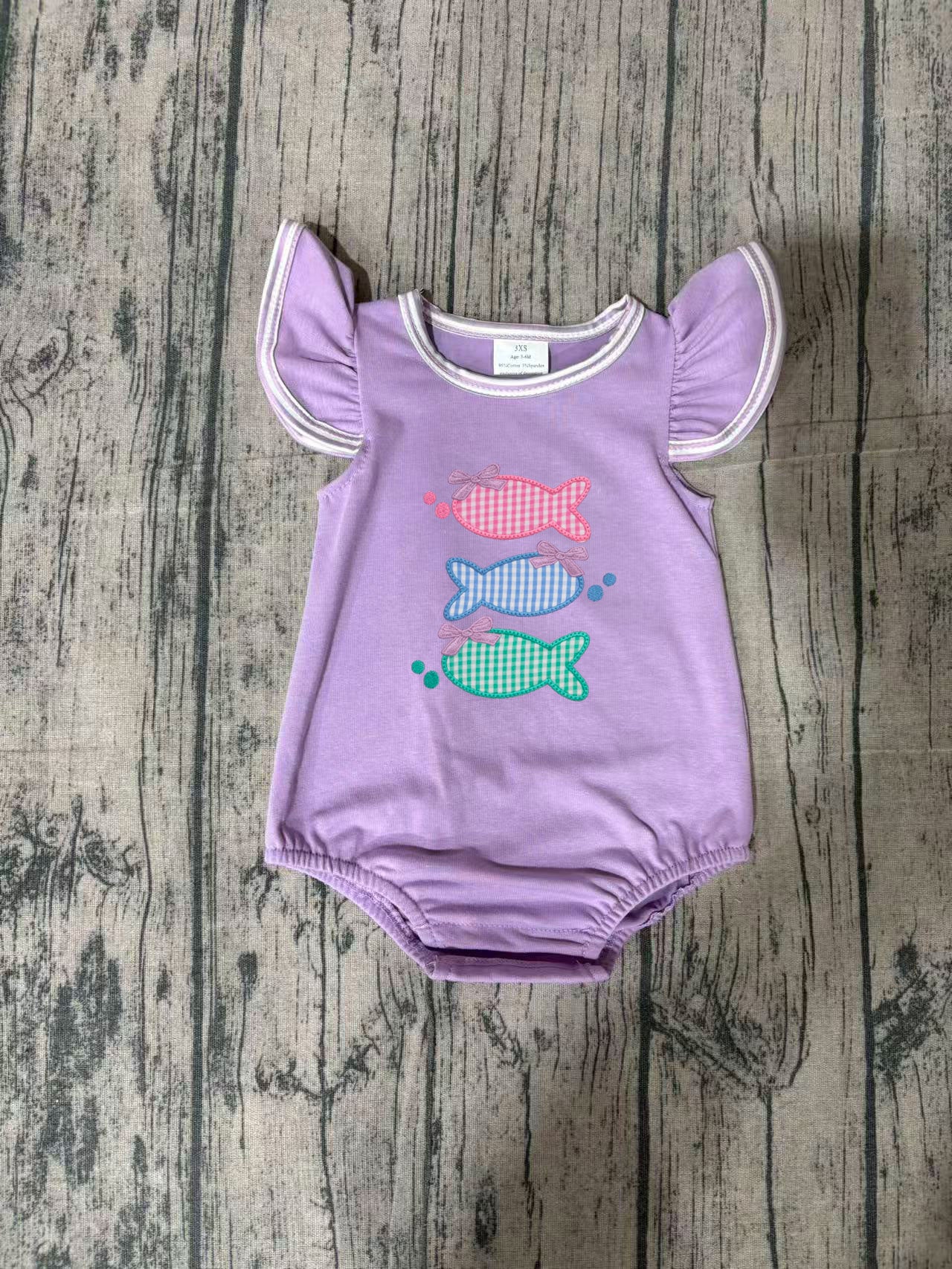 preorder Samples SR4006 Fishing Purple Flutter Sleeve Girls Romper