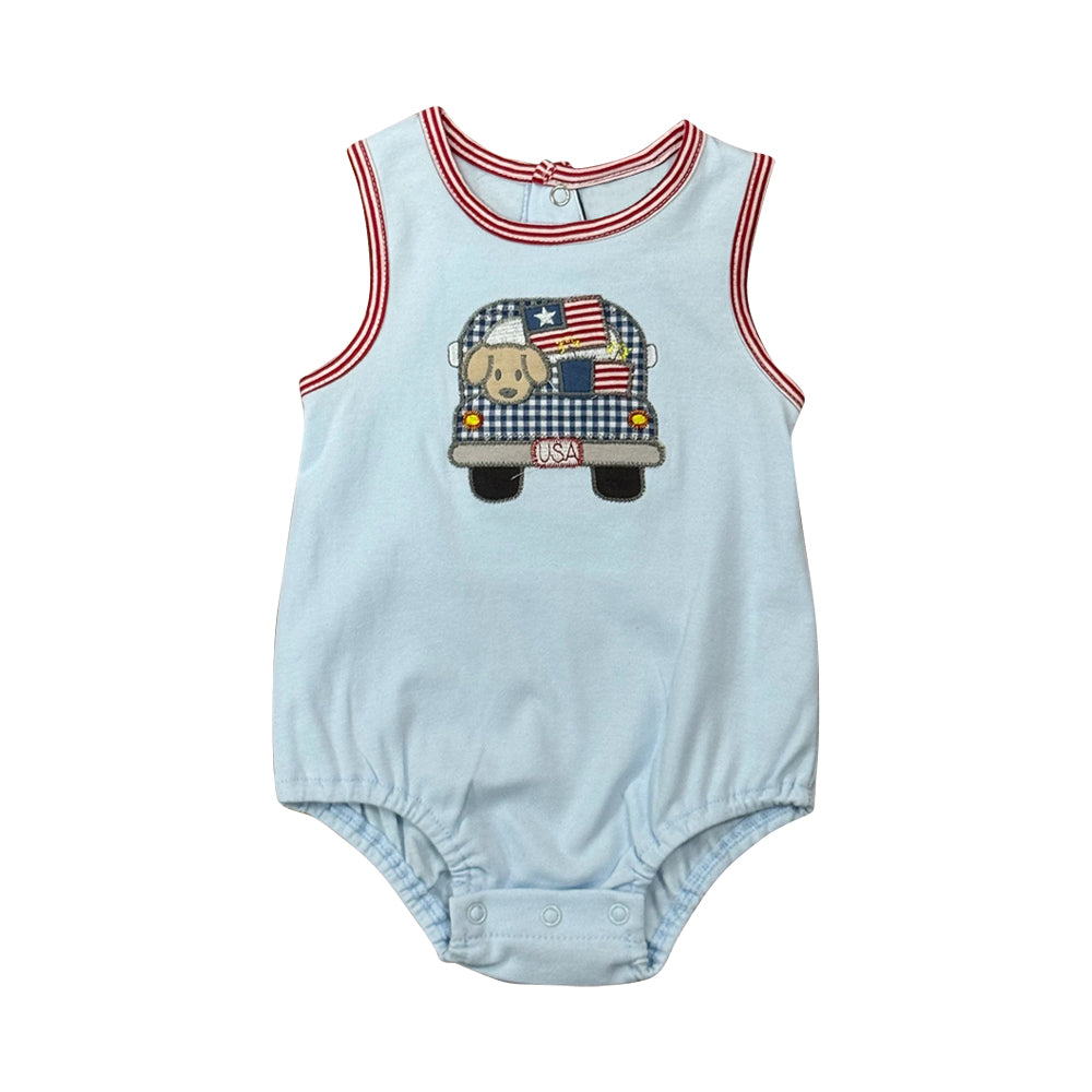 preorder SR4016 July 4th Dog Truck Blue Sleeveless Boys Romper