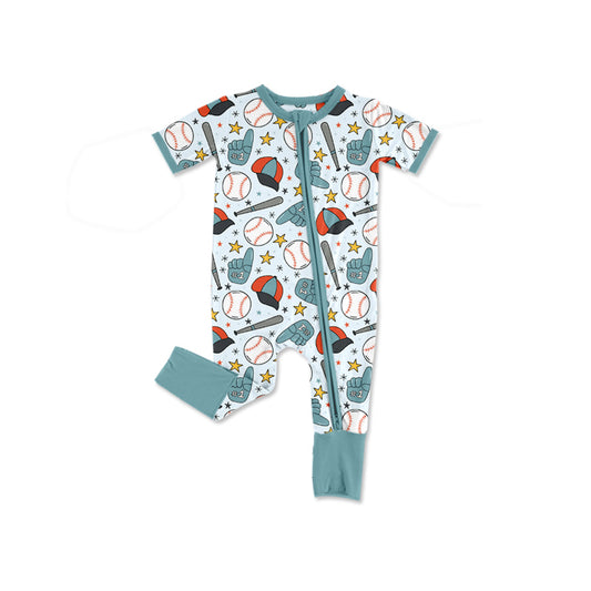 preorder SR4035 Baseball Blue Short Sleeve Zipper Boys Romper