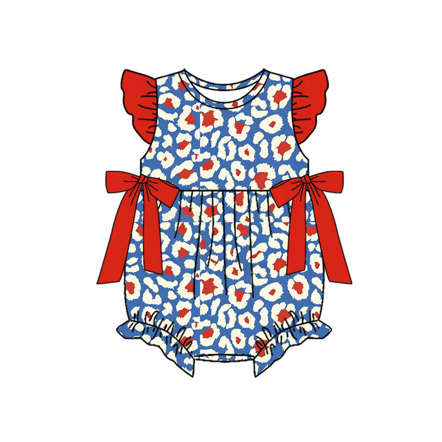 preorder SR4045 July 4th Blue Leopard Flutter Sleeve Girls Romper