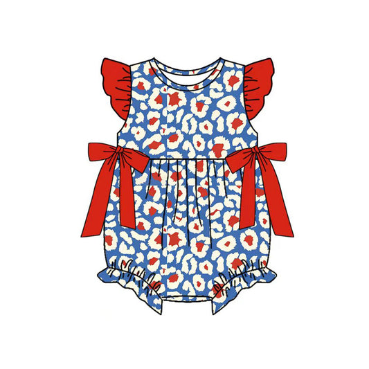 preorder SR4045 July 4th Blue Leopard Flutter Sleeve Girls Romper