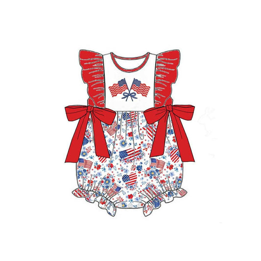 preorder SR4050 July 4th Flag Bows Flutter Sleeve Girls Romper