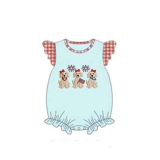 preorder SR4051 July 4th Firework Dog Blue Flutter Sleeve Girls Romper