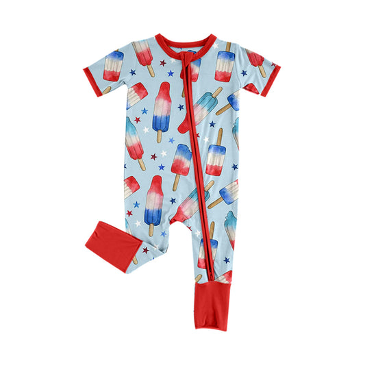 preorder SR4054 July 4th Firework Star Blue Zipper Short Sleeve Boys Romper