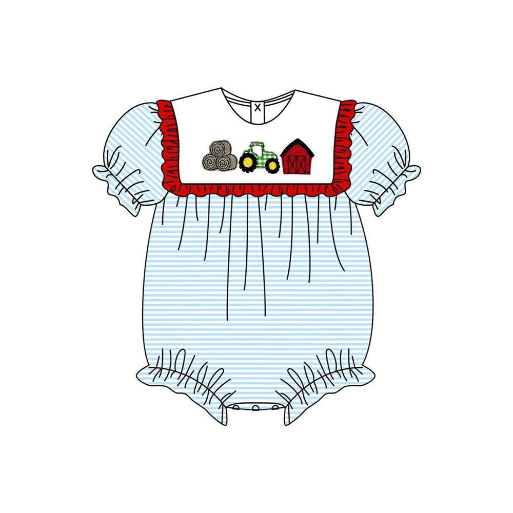 preorder SR4074 Farm Blue Striped Short Sleeve Girls Romper