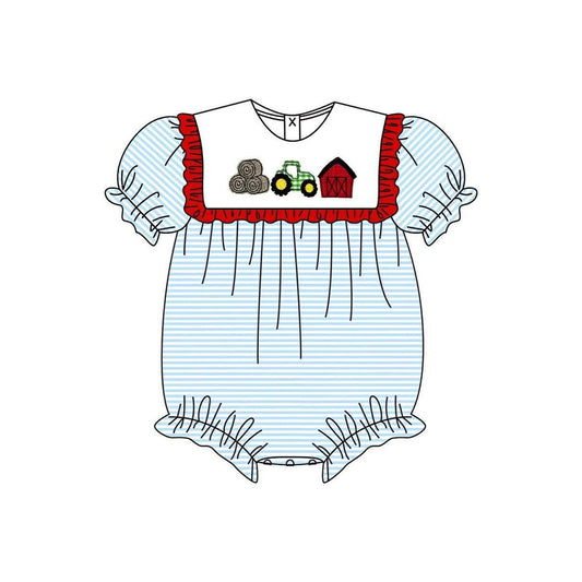 preorder SR4074 Farm Blue Striped Short Sleeve Girls Romper