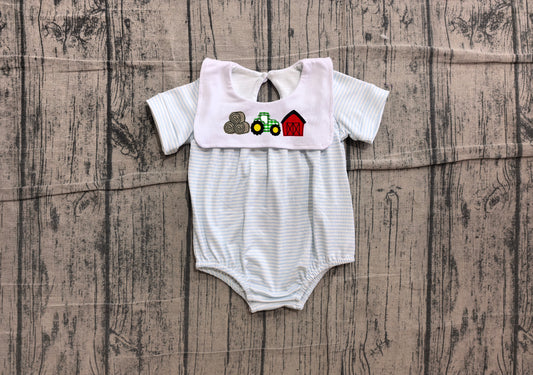 preorder Samples SR4075 Farm Blue Striped Short Sleeve Boys Romper