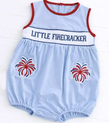 preorder SR4093 July 4th Little Firecracker Blue Sleeveless Boys Romper