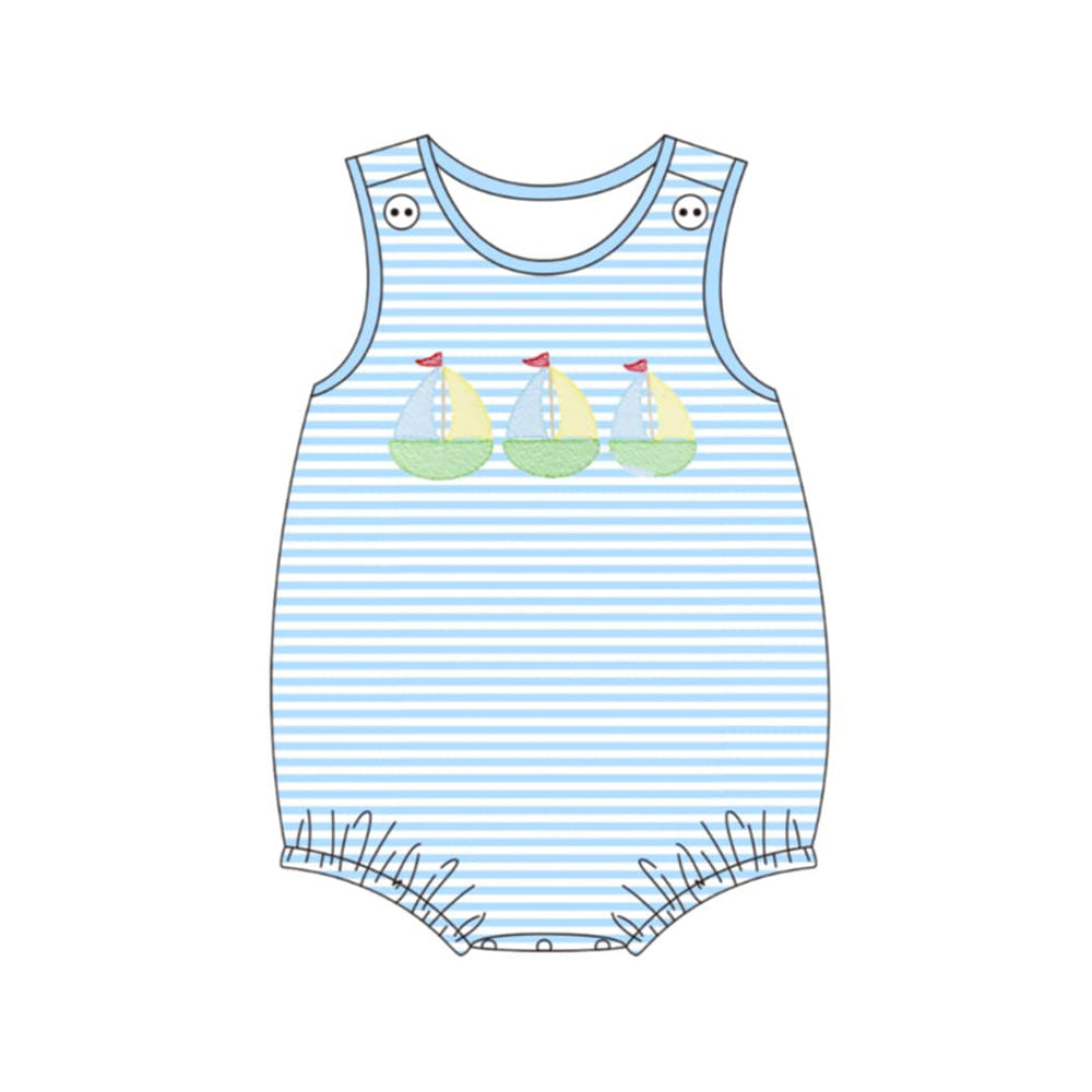 preorder SR4104 Cartoon Sailboat Blue Striped Sleeveless Boys Romper