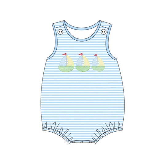preorder SR4104 Cartoon Sailboat Blue Striped Sleeveless Boys Romper