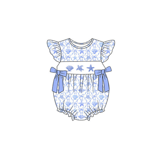 preorder SR4109 Shell Turtle Starfish Blue Flutter Sleeve Girls Romper