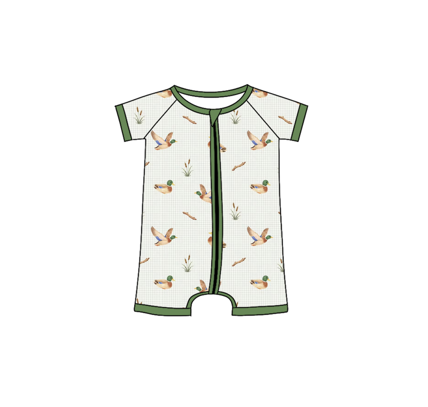 preorder SR4118 Hunting Mallard Duck Green Zipper Short Sleeve Boys Romper