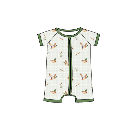 preorder SR4118 Hunting Mallard Duck Green Zipper Short Sleeve Boys Romper